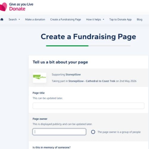 Screenshot of a Give as you live webpage with the title 'Create a Fundraising page'.