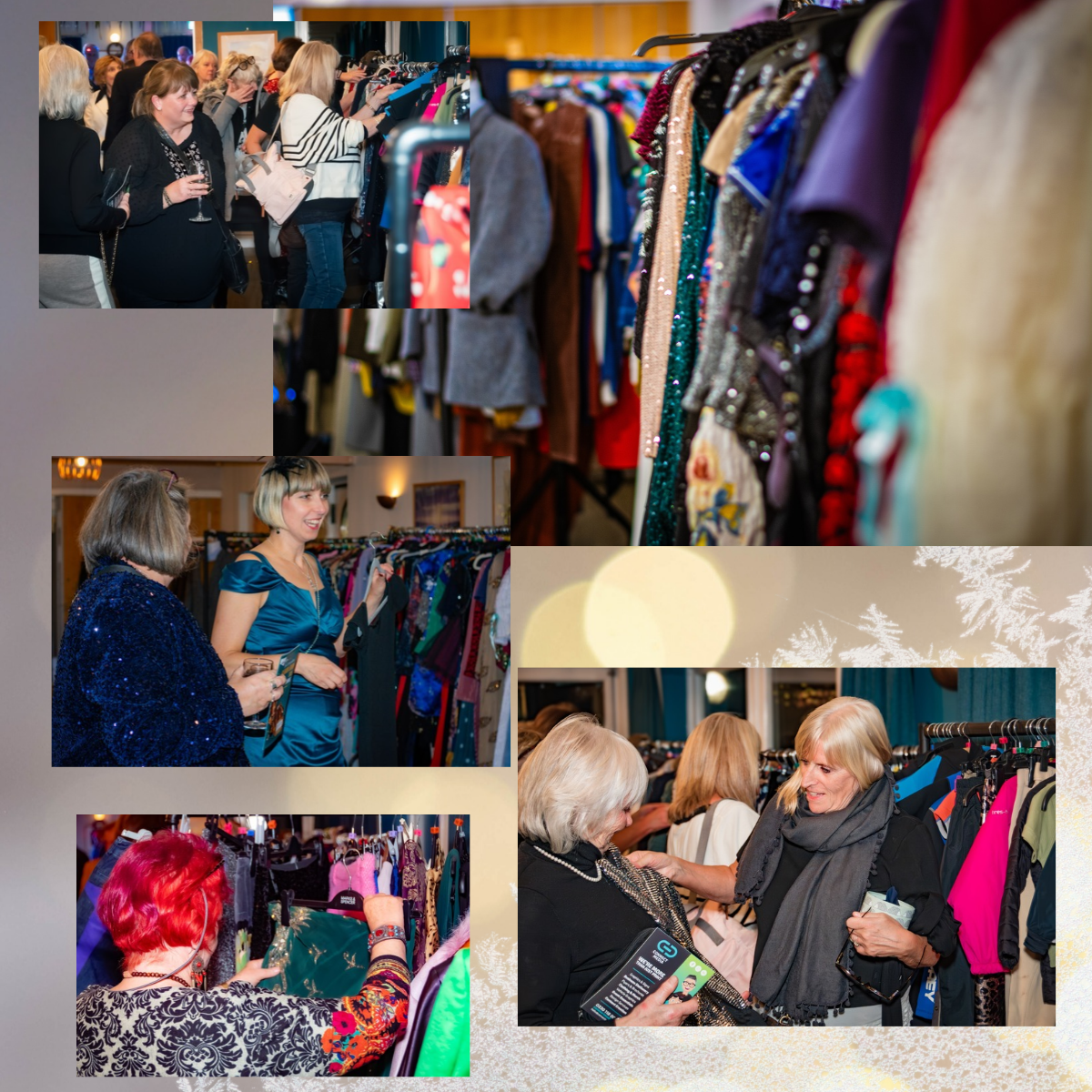 Montage of images of sparkly clothes on rails and people looking through them.